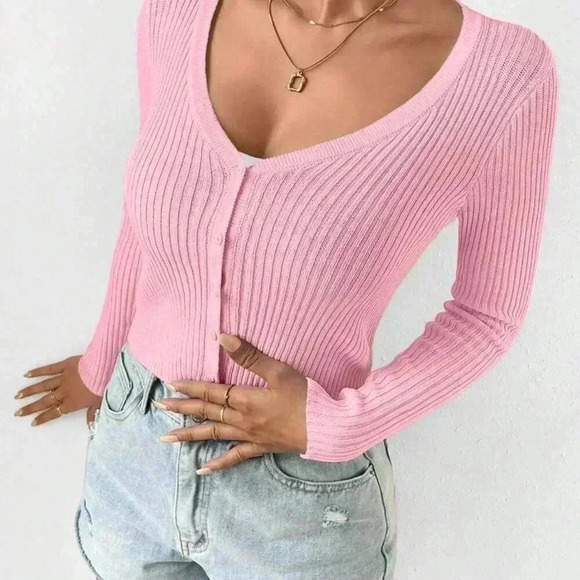 Pink Casual Women's Slim Solid Color Rib Knit Cardigan - Picture 5 of 7